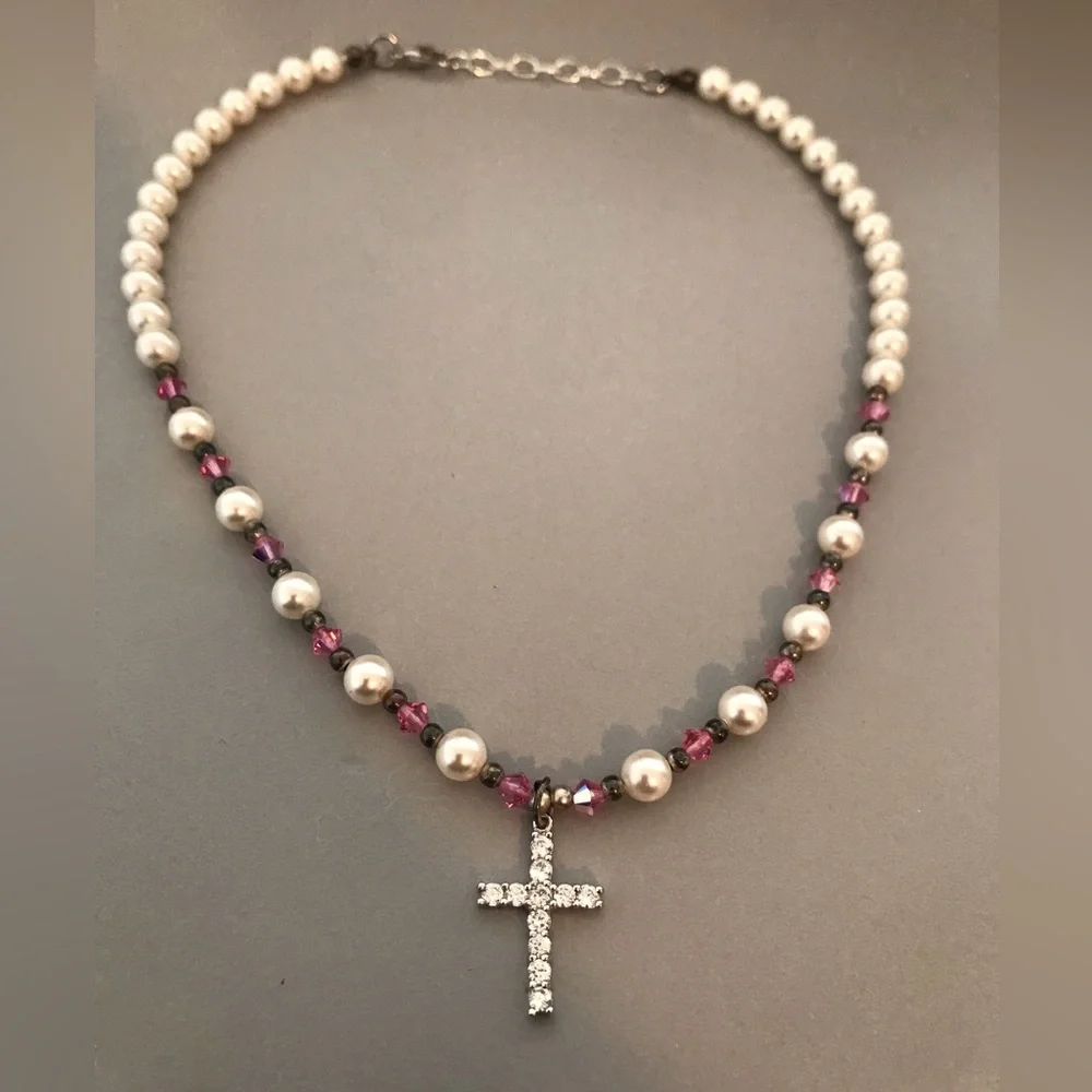 First Communion / Flower Girl Rhinestone Pearl Cross Pendant Necklace